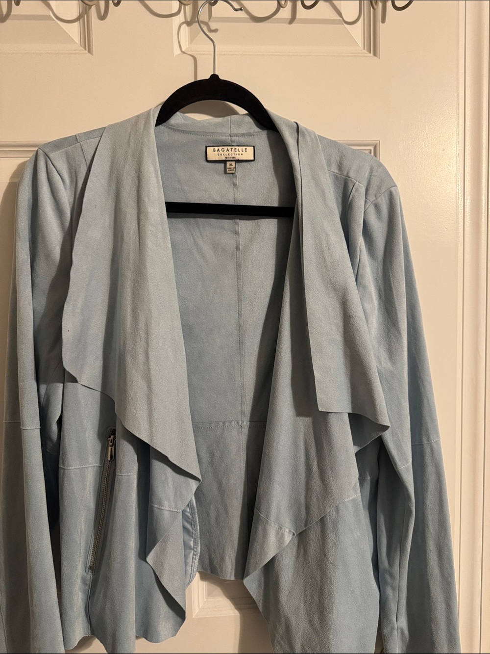 bagatelle Light Blue Draped Faux Suede Jacket with Zip Pocket